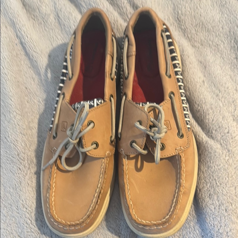 Sperry Tan Boat Shoes with Patterned Trim